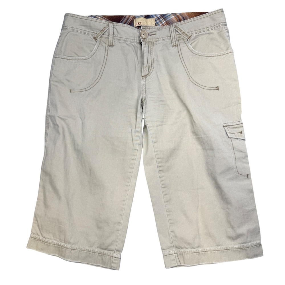BKE Buckle Khaki Cargo Capri Pants Womens Size 31 Tan Cotton Utility ADD5607